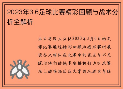 2023年3.6足球比赛精彩回顾与战术分析全解析