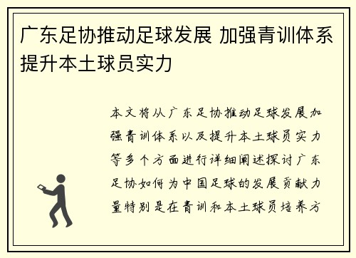 广东足协推动足球发展 加强青训体系提升本土球员实力