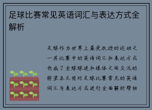 足球比赛常见英语词汇与表达方式全解析