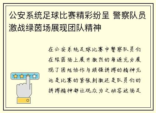 公安系统足球比赛精彩纷呈 警察队员激战绿茵场展现团队精神
