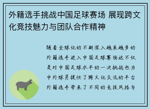 外籍选手挑战中国足球赛场 展现跨文化竞技魅力与团队合作精神
