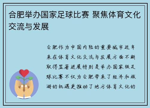 合肥举办国家足球比赛 聚焦体育文化交流与发展