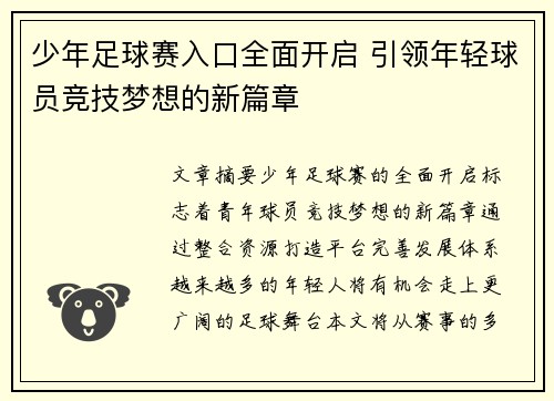 少年足球赛入口全面开启 引领年轻球员竞技梦想的新篇章