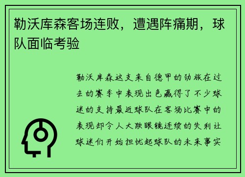 勒沃库森客场连败，遭遇阵痛期，球队面临考验
