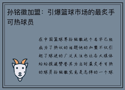 孙铭徽加盟：引爆篮球市场的最炙手可热球员