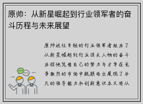 原帅：从新星崛起到行业领军者的奋斗历程与未来展望