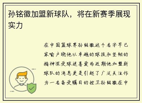 孙铭徽加盟新球队，将在新赛季展现实力